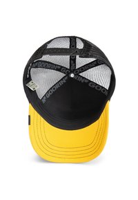 Black and yellow trucker cap with a solid yellow front, mesh black back, and black adjustable strap featuring the brand name.