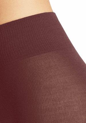 Collants transparents bordeaux avec une finition lisse et texturée et une large ceinture élastique conçue pour le confort et l'ajustement.