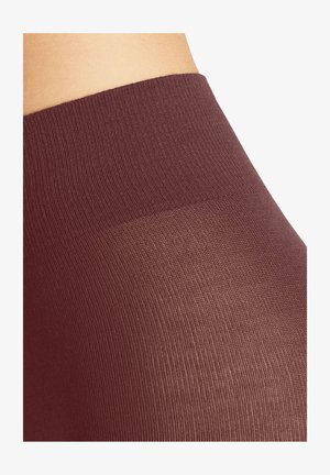 Collant trasparenti color bordeaux con una finitura liscia e testurizzata e una ampia cintura elastica progettata per il comfort e la vestibilità.