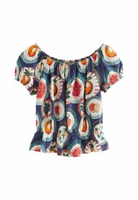 Off-shoulder navy blue bluse med korte puff-ærmer, prydet med farverige citrusfrugter og ananas mønstre i cirkulære rammer.
