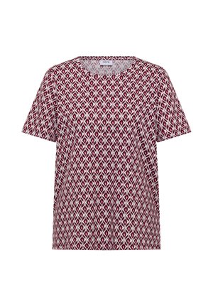 T-shirt à col rond et manches courtes avec un motif géométrique répétitif bordeaux et blanc.