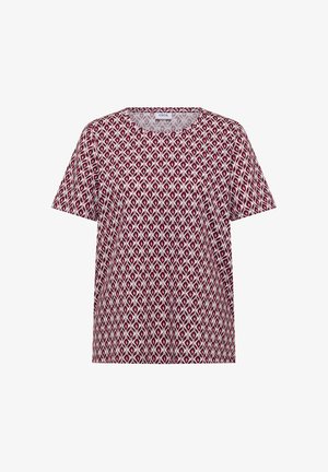 Camiseta de manga corta con cuello redondo y patrón geométrico repetido en color granate y blanco.