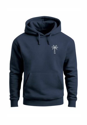 Navy blue hoodie with front kangaroo pocket and small white palm tree outline logo on left chest.