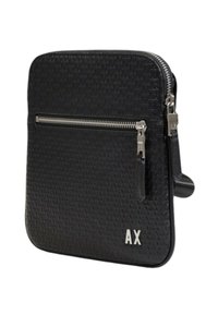 Black textured synthetic bag with a zippered front, featuring a logo and a detachable strap. Square shape with smooth edges.