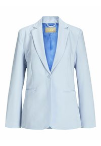 Hellblauer Blazer mit Reverskragen, einreihiger Knopfschluss, zwei Vorderaschen und glattem Stoff, mit einem kontrastierenden Innenfutter.