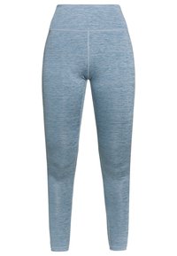Jasnoniebieskie, dopasowane legginsy z wysokim stanem, wykonane z materiału o teksturowanej powierzchni. Cechują się gładką fakturą i detalami szwów.