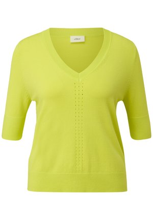 Limettengrüner V-Ausschnitt-Pullover mit kurzen Ärmeln und feinen strukturierten Details entlang der Knopfleiste. Hergestellt aus einem weichen, leichten Strickmaterial.