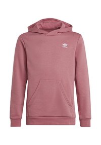 Růžová mikina s kapucí, vyrobená z měkké tkaniny. Má přední kapsu a malé bílé logo Adidas na hrudi.