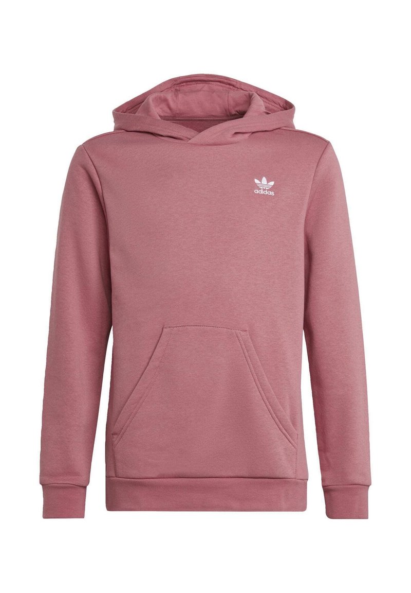 Růžová mikina s kapucí, vyrobená z měkké tkaniny. Má přední kapsu a malé bílé logo Adidas na hrudi.
