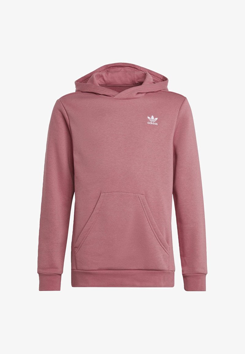 Růžová mikina s kapucí, vyrobená z měkké tkaniny. Má přední kapsu a malé bílé logo Adidas na hrudi.