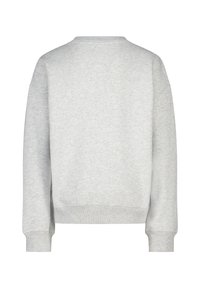 Vaaleanharmaa pitkähihaisen crewneck-hupparin, jossa on ribbireunukset hihoissa ja helmassa, esitellään takaa valkoista taustaa vasten.