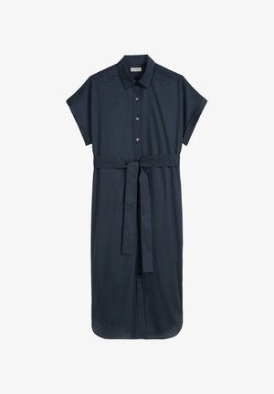 Robe chemise bleu marine foncé en tissu lisse, dotée d'un col, de manches courtes, d'une fermeture à boutons à l'avant et d'une ceinture assortie à la taille.