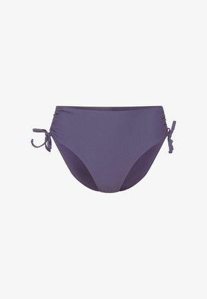 Fioletowe majtki bikini z teksturowanej tkaniny, regulowanymi wiązaniami po bokach i gładką talią. Oferują bezszwowy design dla wygody i dopasowania.
