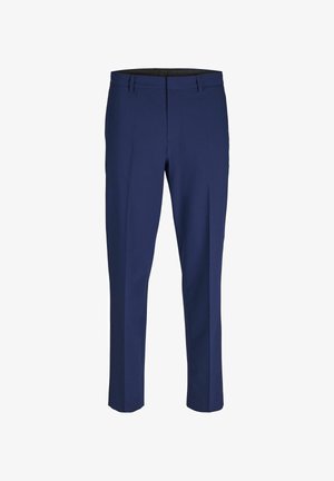 Pantaloni tailored blu notte con davanti piatto, gamba dritta e passanti per cintura; realizzati in un tessuto liscio senza motivi o decorazioni visibili.