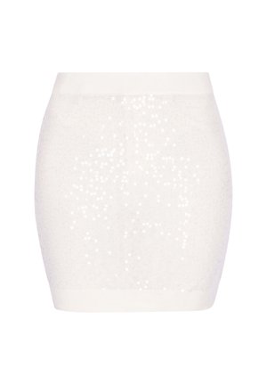 Mini-jupe blanche à sequins avec une coupe ajustée, une taille élastique et une texture lisse avec une finition brillante et réfléchissante.