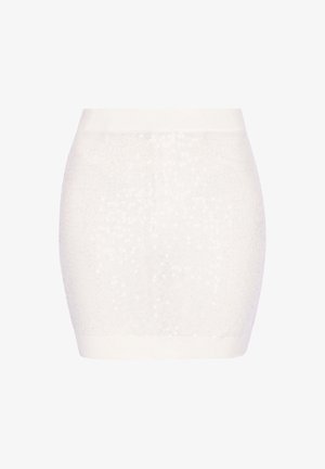Mini-jupe blanche à sequins avec une coupe ajustée, une taille élastique et une texture lisse avec une finition brillante et réfléchissante.