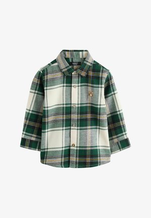 Camicia a maniche lunghe a quadri verdi e bianchi con bottoni, con un piccolo volto di orso marrone ricamato sul petto sinistro.
