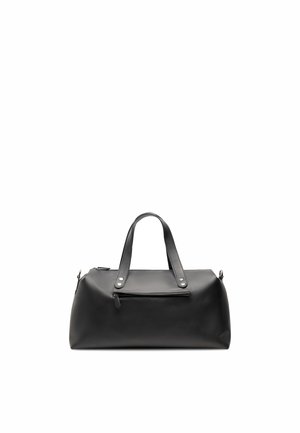 Black leather duffel bag with two handles and a front zippered pocket on a white background.