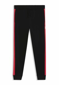 Sorte sweatpants med røde sidelændninger, elastisk talje, snøre og tætsiddende manchetter. Fremstillet af blød, tekstureret stof.