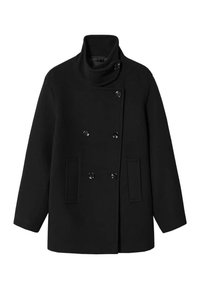 Manteau noir à double boutonnage avec un col haut, fabriqué à partir d'un tissu texturé. Comprend deux poches plaquées à l'avant et des boutons brillants.