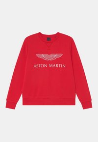Felpa rossa con collo rotondo, dotata di un logo Aston Martin bianco e grafica con ali al centro. Realizzata in materiale misto cotone.