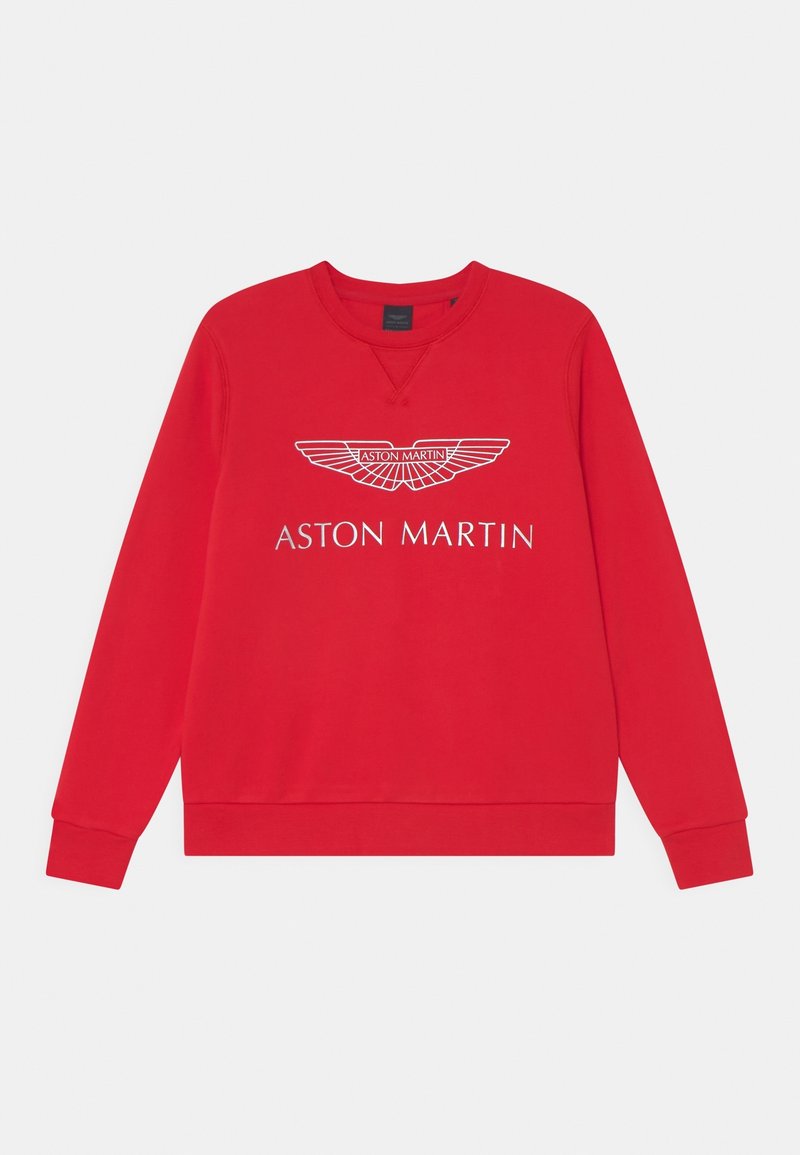 Felpa rossa con collo rotondo, dotata di un logo Aston Martin bianco e grafica con ali al centro. Realizzata in materiale misto cotone.