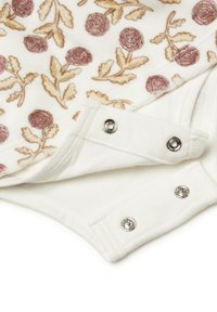 Bílý bodysuit s růžovou a béžovou květinovou výšivkou; má patentky na dně pro snadné oblékání. Měkký bavlněný materiál.