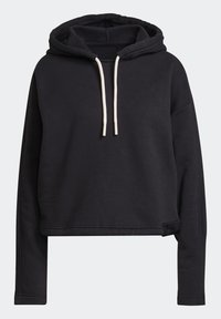 Sweat à capuche court noir avec manches longues et cordons blancs à la capuche, présenté sur un fond gris clair uni.