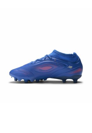 Blue soccer cleat with a sleek design, textured upper, integrated sock collar, and orange accents. Features multi-ground stud configuration.