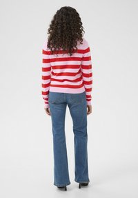 Randig tröja i röd och rosa, med långa ärmar och ribbad nederkant, kombinerad med blå utsvängda jeans. Bakvy, slät textur.