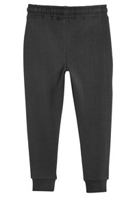 Musta, puuvillasekoite leggings, joissa on joustava vyötärö ja tiukat hihnat, kevyttä materiaalia, sileä pinta ja kapeneva muotoilu.