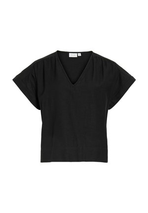 Blouse noire à manches courtes avec col en V, épaules légèrement froncées et ourlet droit, posée à plat sur un fond blanc.