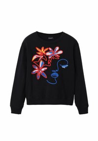 Sudadera negra con un diseño floral colorido en rojo, naranja y azul, con contornos de cara dibujados, mangas largas y puños acanalados.