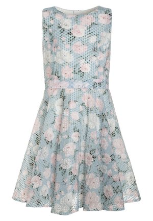 Florales Sommerkleid in Hellblau mit tailliertem Oberteil und ausgestelltem Rock. Verziert mit weißen und pinken Rosenmustern auf einem strukturierten Spitzenstoff.