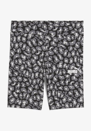 Shorts de estampado de leopardo en negro, gris y blanco. Hechos de tela elástica con una cinturilla elástica y el logo de Puma impreso en el lado izquierdo.