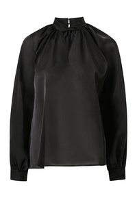Blusa nera trasparente, colletto alto con chiusura a bottone, maniche lunghe a sbuffo e dettagli arruffati per texture e volume. Tessuto liscio e leggero.