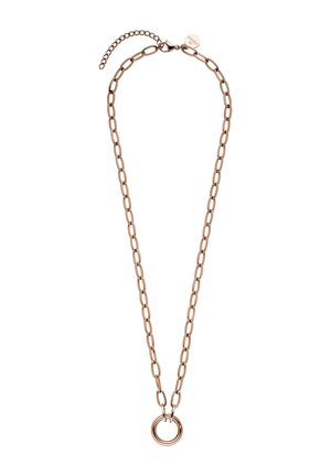 Halskette aus Roségold mit ovalen Gliedern und einem runden Anhängerring, ausgestattet mit einem verstellbaren Verschluss und einem kleinen Markenanhänger.