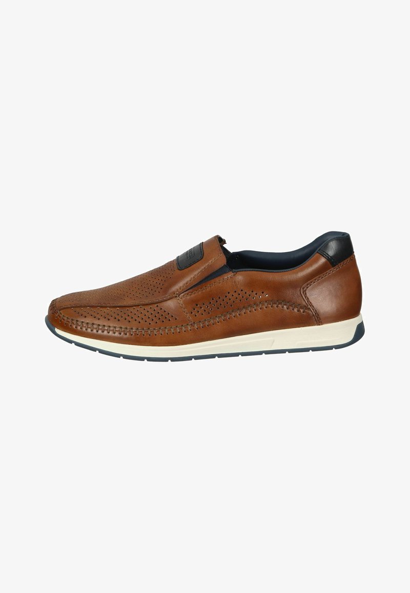 Brązowe skórzane buty typu slip-on z perforowanym wzorem, granatowymi akcentami, przeszyciem wzdłuż podeszwy oraz białą podeszwą środkową z gumową podeszwą zewnętrzną.
