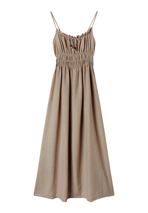 Abito senza maniche color marrone chiaro con corpetto arricciato, spalline regolabili e gonna fluida. Realizzato in tessuto morbido e testurizzato.