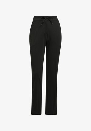 Pantaloni sportivi neri in tessuto morbido con vita con cordino, dotati di due tasche laterali e design a gamba dritta.