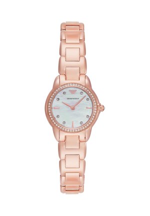Armbanduhr aus roségoldfarbenem Metall mit Perlmuttzifferblatt, Kristall-Stundenmarkierungen und mit Kristallen besetzter Lünette, zeigt 10:10 Uhr an.
