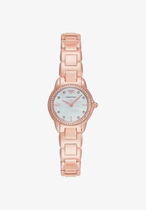 Armbanduhr aus roségoldfarbenem Metall mit Perlmuttzifferblatt, Kristall-Stundenmarkierungen und mit Kristallen besetzter Lünette, zeigt 10:10 Uhr an.