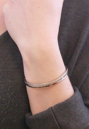 Zilveren armband met twee verweven strengen, de ene glad en metallic, de andere versierd met kleine heldere edelstenen.