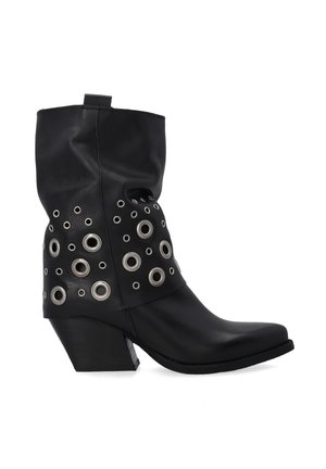 Black leather cowboy boots featuring a slouchy design, circular grommet accents on the shaft, and a chunky heel for stability.