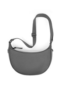 Grau farbige Umhängetasche mit runder Form, verstellbarem Tragegurt und Reißverschluss. Besitzt eine strukturierte Oberfläche und ein minimalistisches Design.
