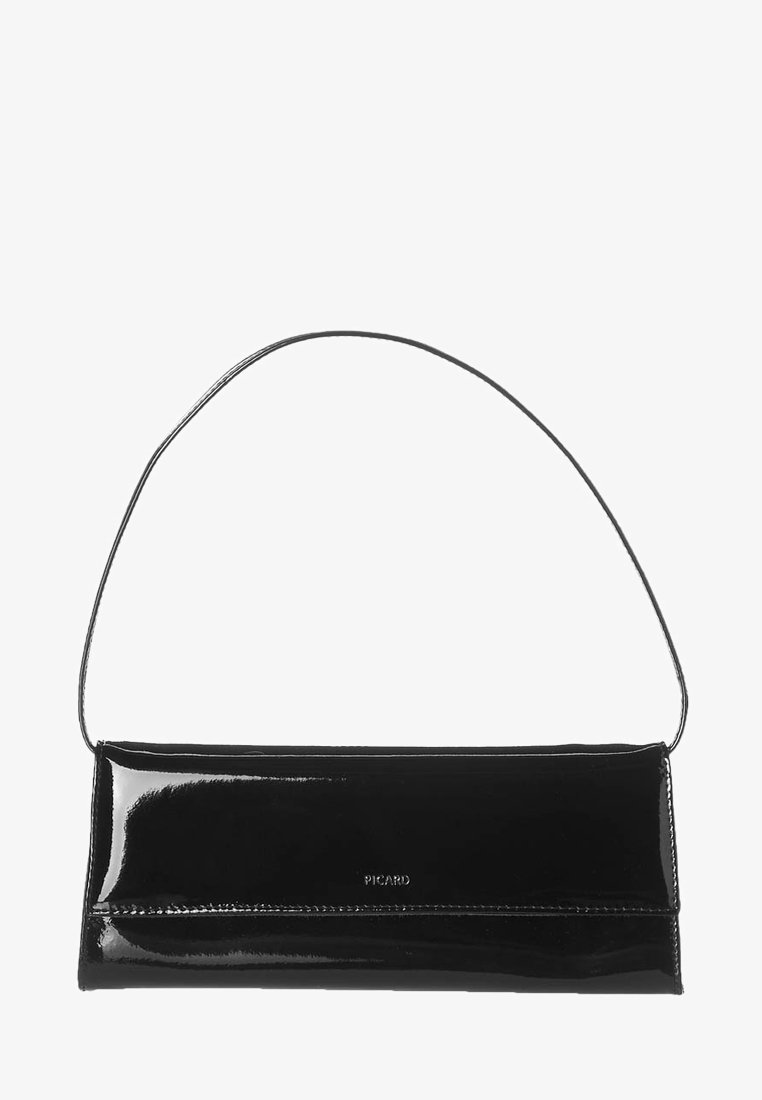 Sac à main en cuir verni noir avec une forme rectangulaire élégante, une fine bandoulière et un logo discret à l'avant. Texture lisse et brillante.