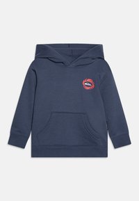 Navy blue hooded sweatshirt in soft fabric, featuring a kangaroo pocket and a small red and white logo on the chest.