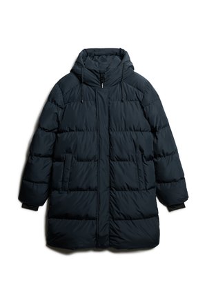 Marineblauwe pufferjack met een capuchon, voorzien van een voormezipper, drukknoopsluiting en geïsoleerde gedeelten.