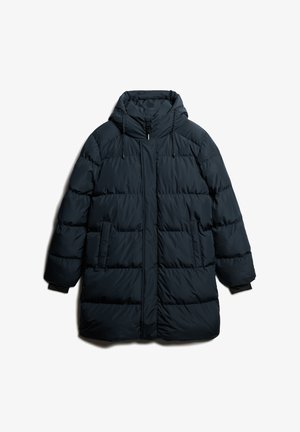 Marineblauwe pufferjack met een capuchon, voorzien van een voormezipper, drukknoopsluiting en geïsoleerde gedeelten.