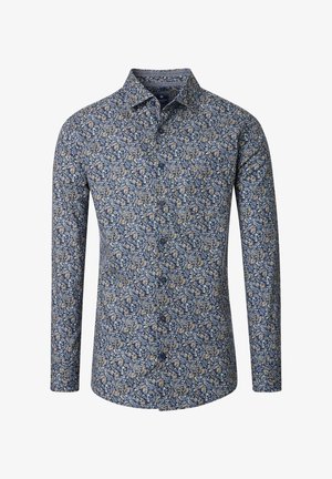 Langarmhemd aus dunkelblauem Baumwollstoff mit einem floralen Muster in Creme und Hellblau. Knopfkragen mit Standardmanschetten-Design.